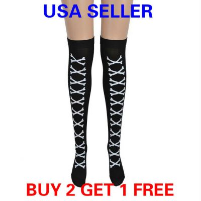 Halloween Costume Thigh High Hot Sexy Sheer Silk Stockings Hold Black X bones